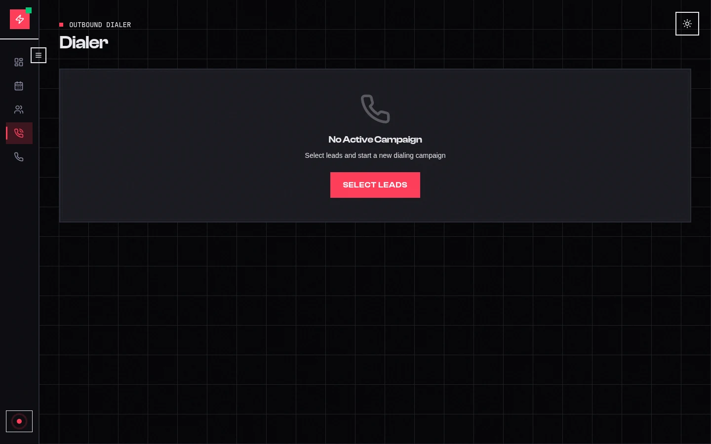 The outbound dialer screen of the voice agent dashboard, waiting for leads to start a campaign